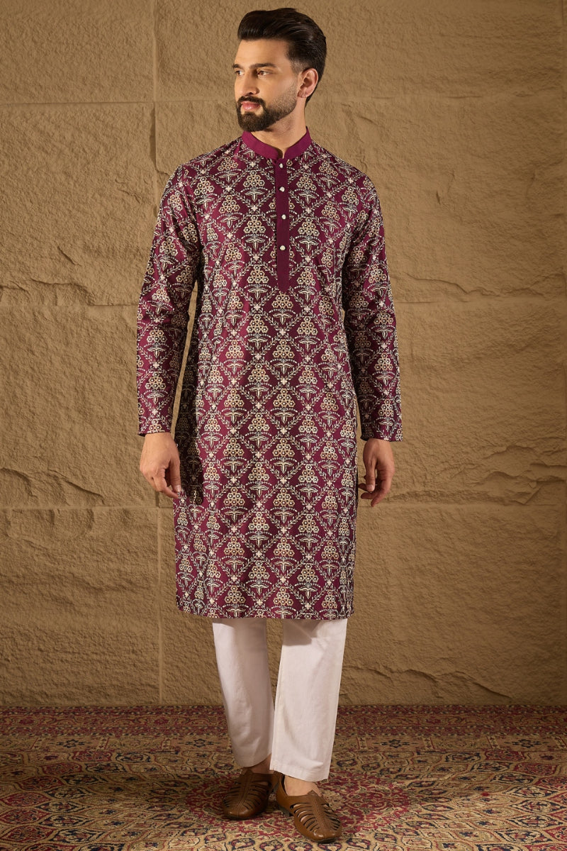 Purple Silk Floral Printed Straight Kurta HOPMKU1279 | DesiQlo