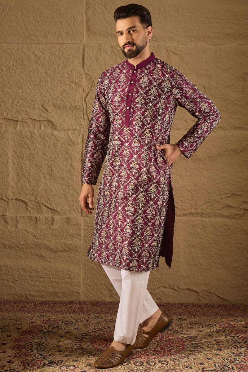 Purple Silk Floral Printed Straight Kurta HOPMKU1279 | DesiQlo