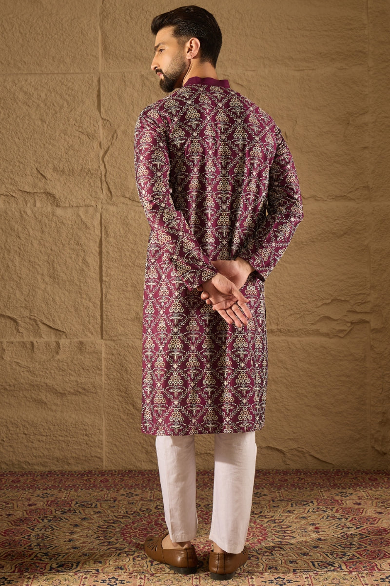 Purple Silk Floral Printed Straight Kurta HOPMKU1279 | DesiQlo
