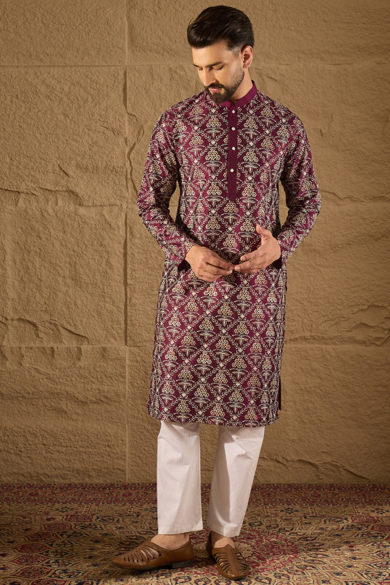 Purple Silk Floral Printed Straight Kurta HOPMKU1279 | DesiQlo