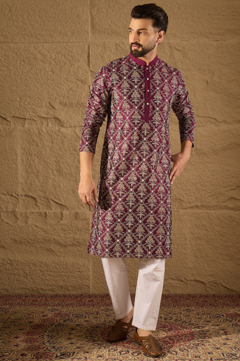 Purple Silk Floral Printed Straight Kurta MKU1279