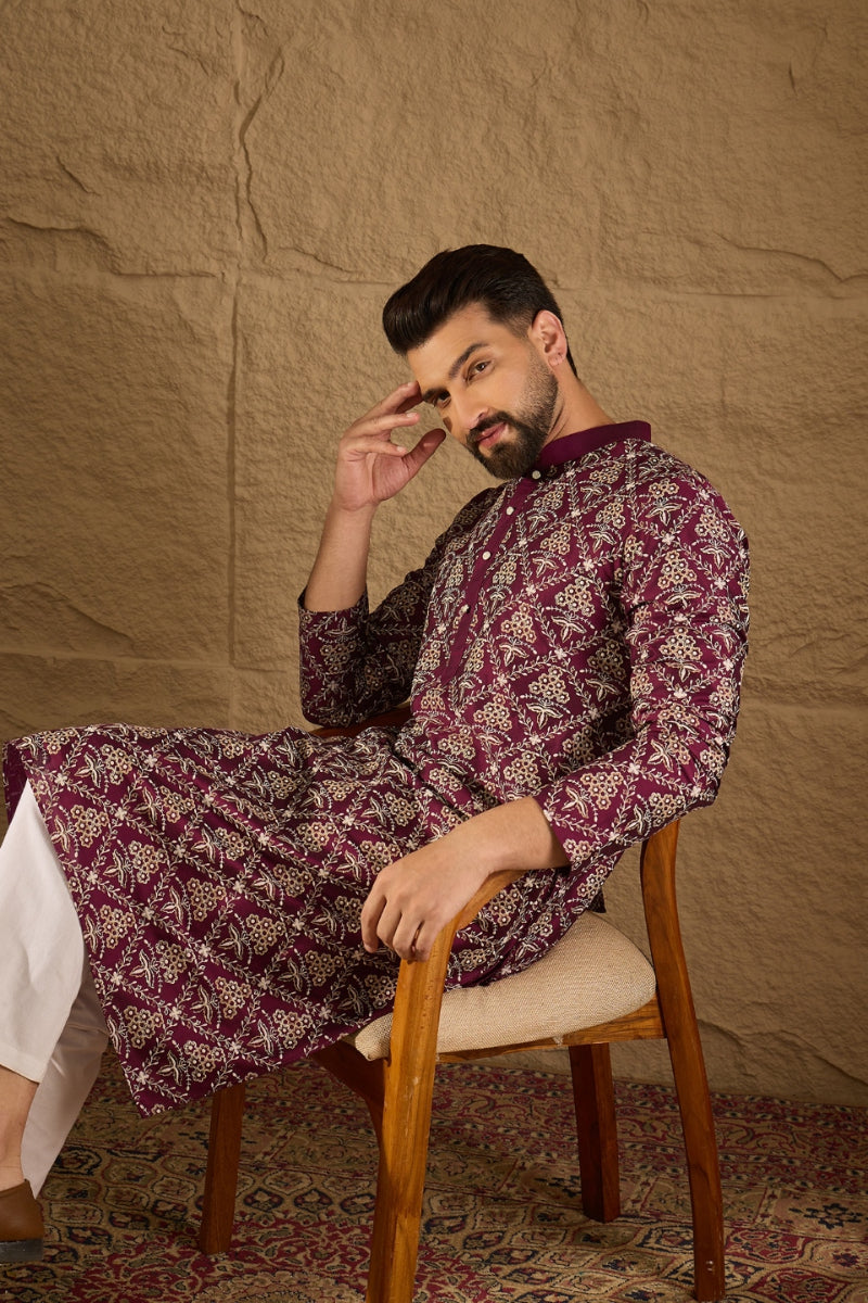 Purple Silk Floral Printed Straight Kurta MKU1279