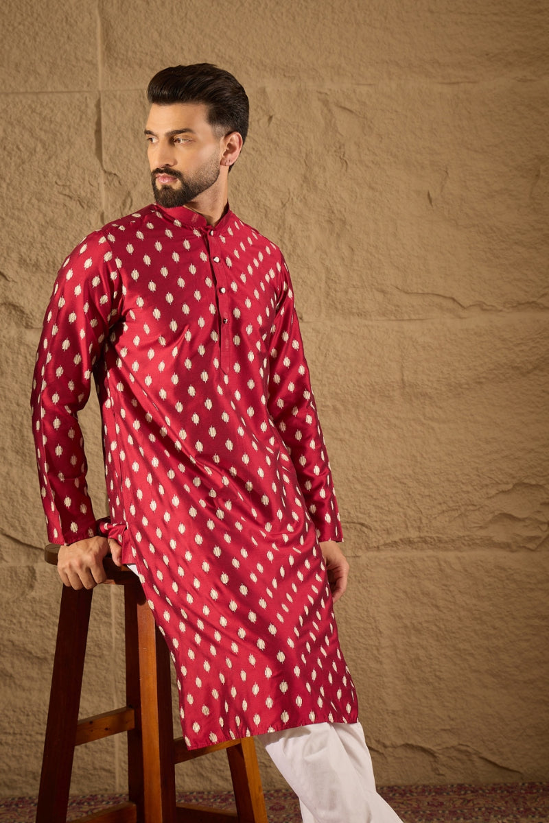 Maroon Silk Ikat Printed Straight Kurta HOPMKU1281 | DesiQlo