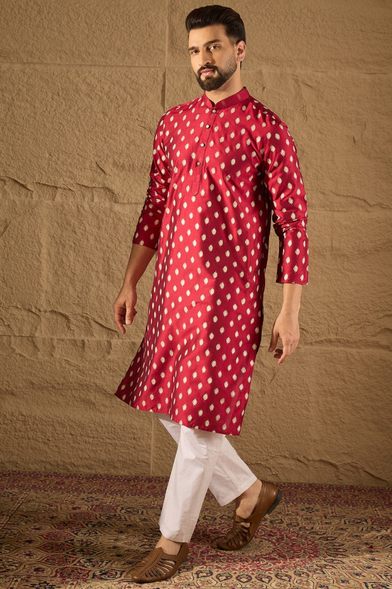 Maroon Silk Ikat Printed Straight Kurta HOPMKU1281 | DesiQlo