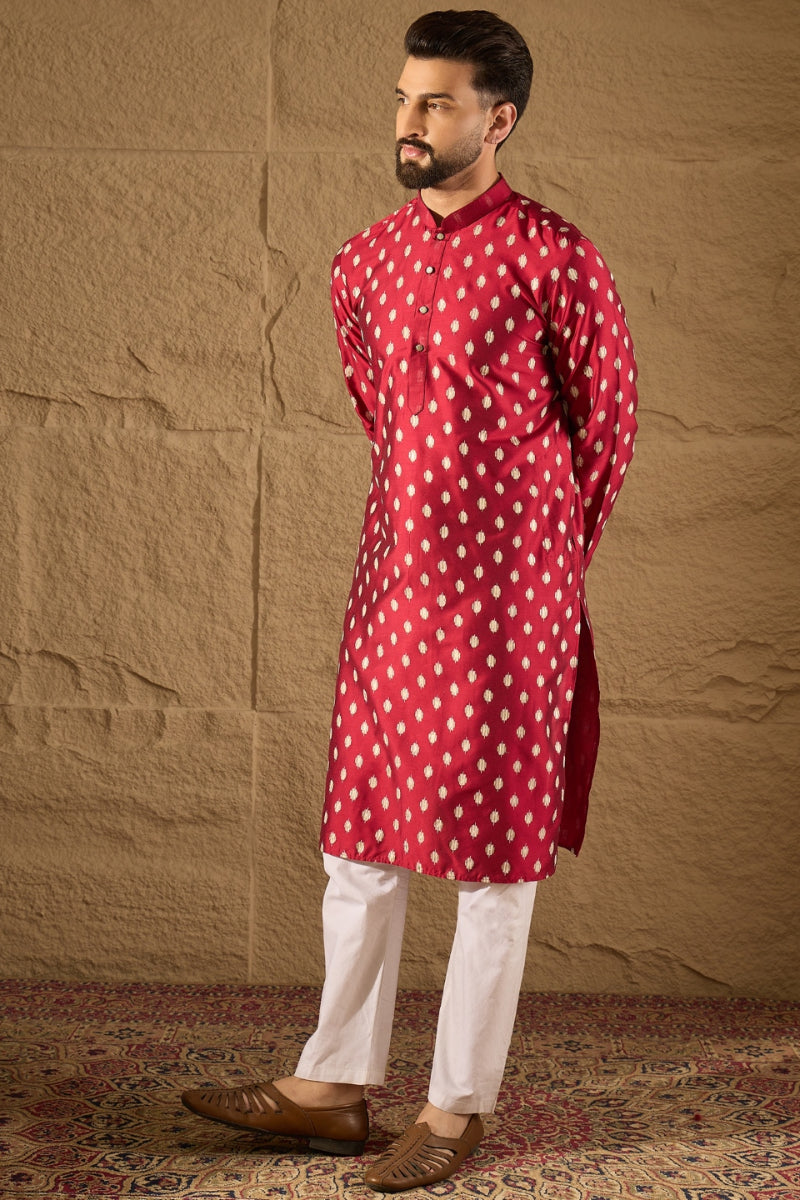 Maroon Silk Ikat Printed Straight Kurta HOPMKU1281 | DesiQlo