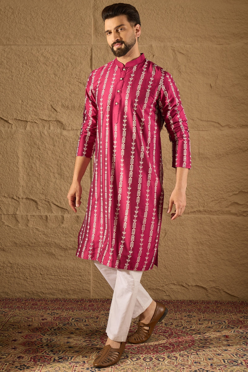 Pink Silk Ethnic Motifs Printed Straight Kurta MKU1283