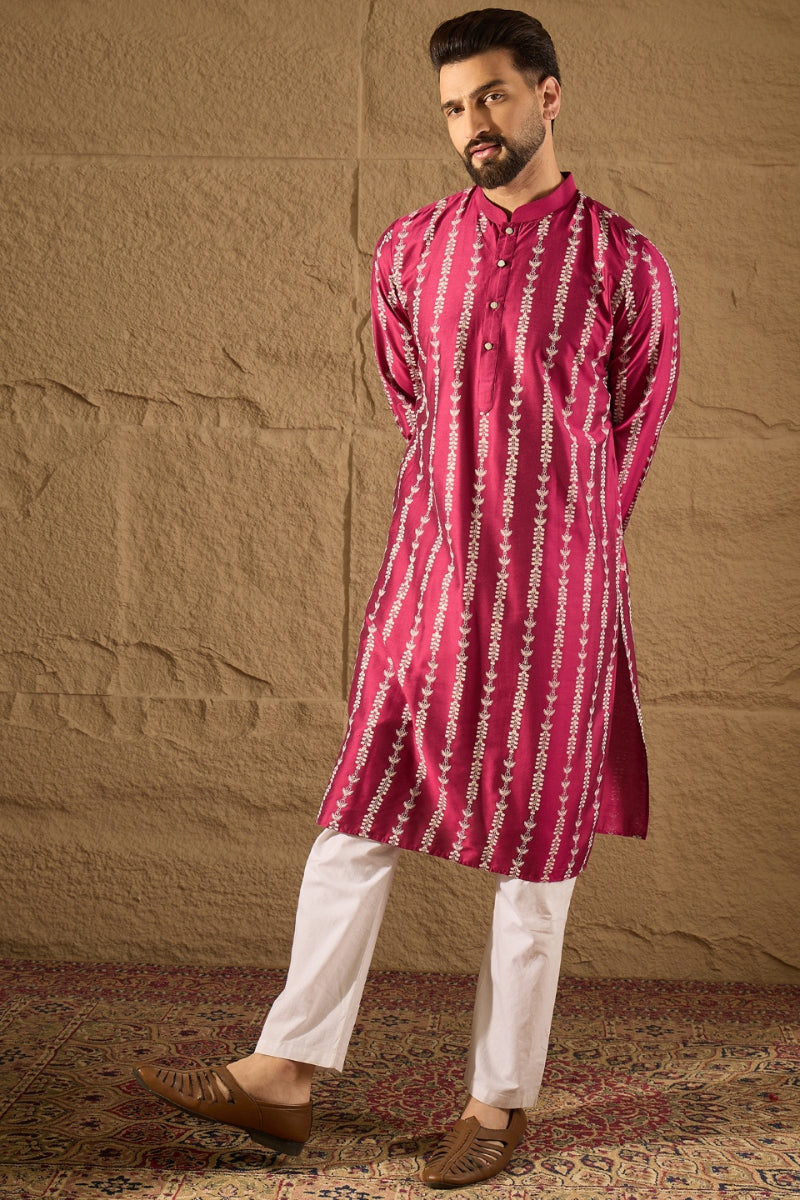 Pink Silk Ethnic Motifs Printed Straight Kurta MKU1283
