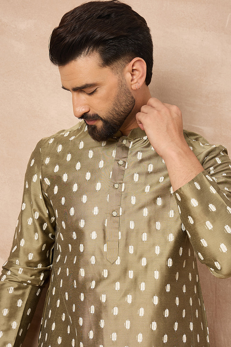 Olive Silk Ikat Printed Straight Kurta HOPMKU1284 | DesiQlo