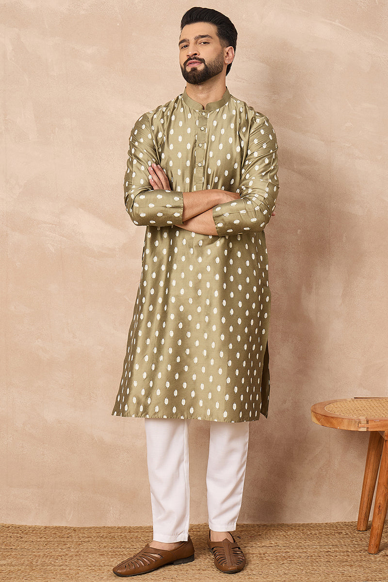 Olive Silk Ikat Printed Straight Kurta HOPMKU1284 | DesiQlo