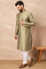 Olive Silk Ikat Printed Straight Kurta MKU1284