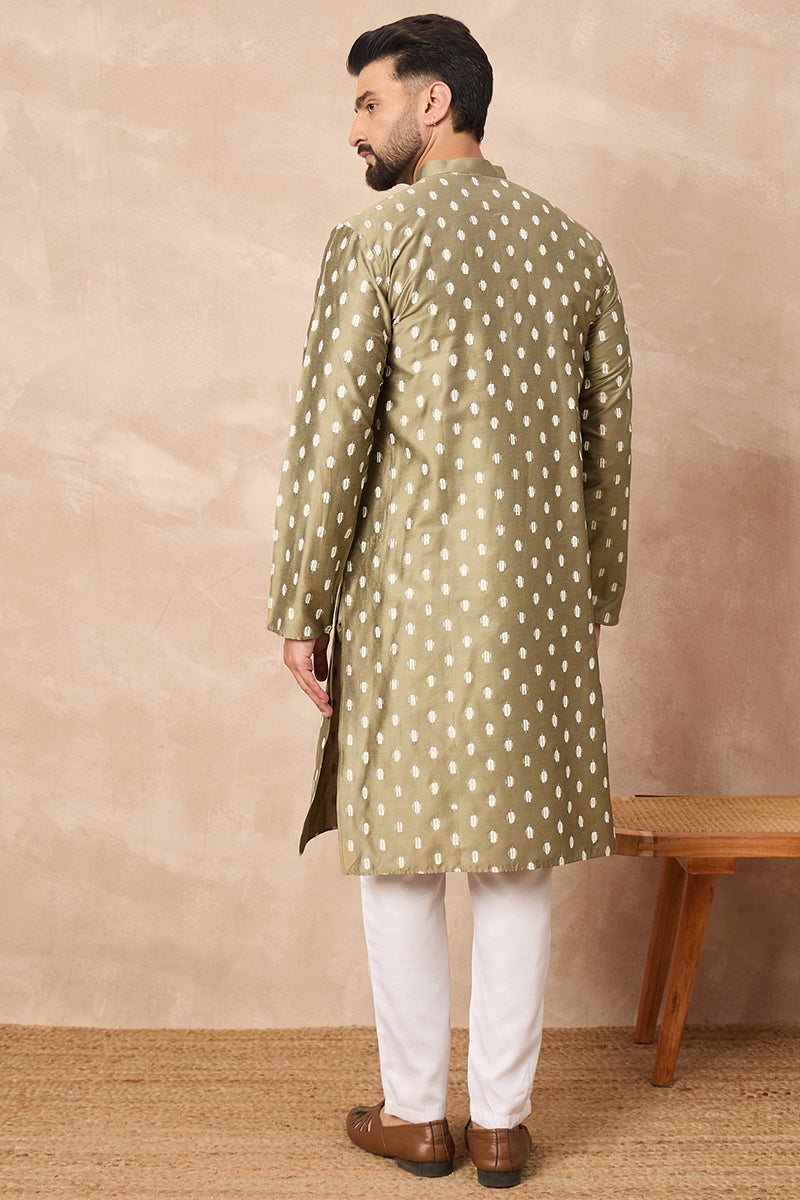 Olive Silk Ikat Printed Straight Kurta HOPMKU1284 | DesiQlo