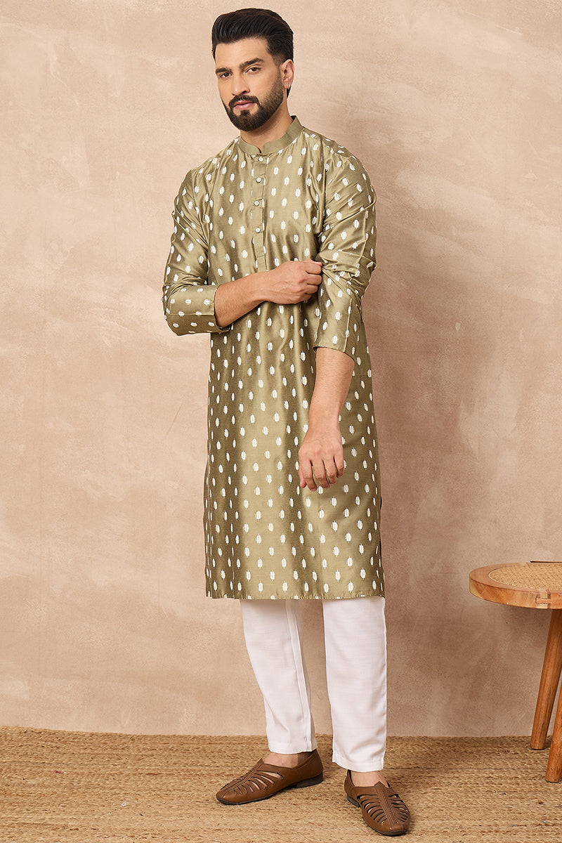 Olive Silk Ikat Printed Straight Kurta HOPMKU1284 | DesiQlo