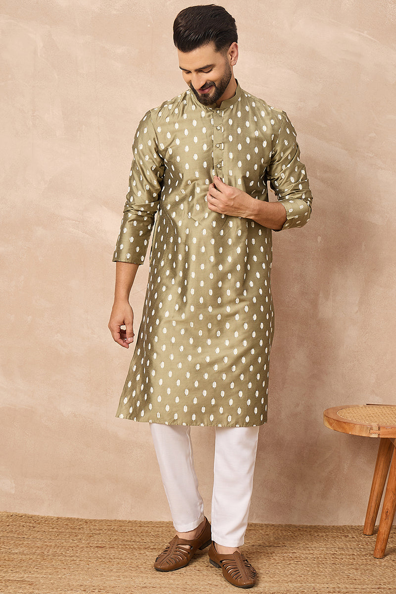 Olive Silk Ikat Printed Straight Kurta HOPMKU1284 | DesiQlo