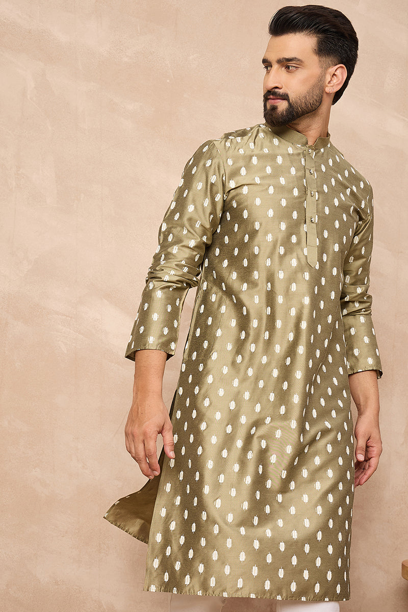 Olive Silk Ikat Printed Straight Kurta HOPMKU1284 | DesiQlo