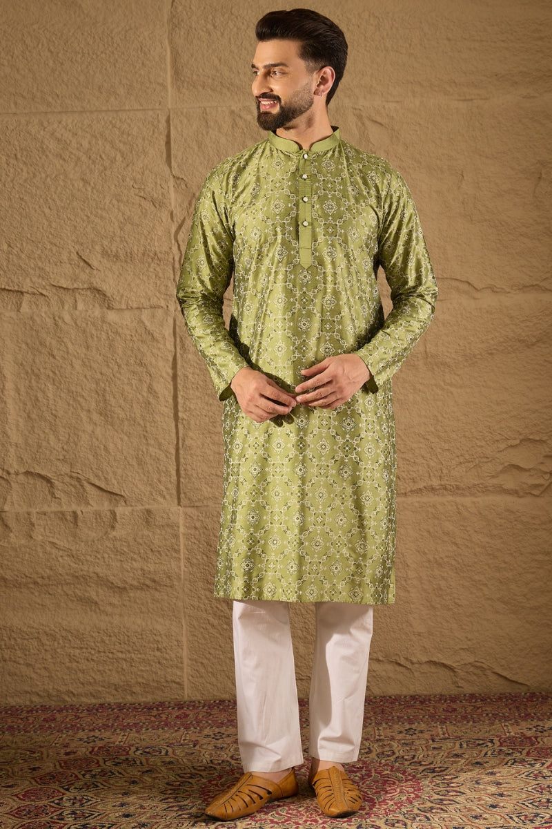 Green Silk Geometric Printed Straight Kurta MKU1285