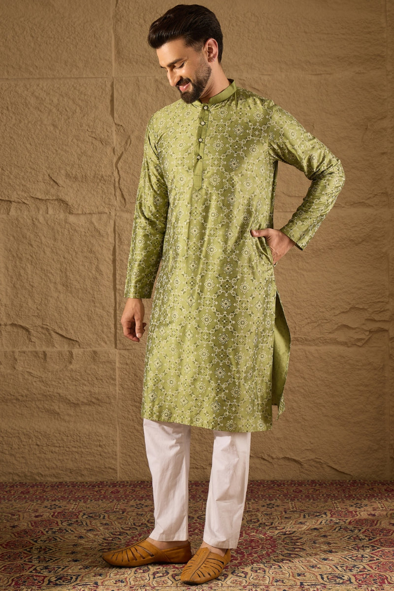 Green Silk Geometric Printed Straight Kurta MKU1285