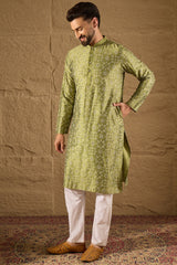 Green Silk Etnic Motifs Printed Straight Kurta MKU1285