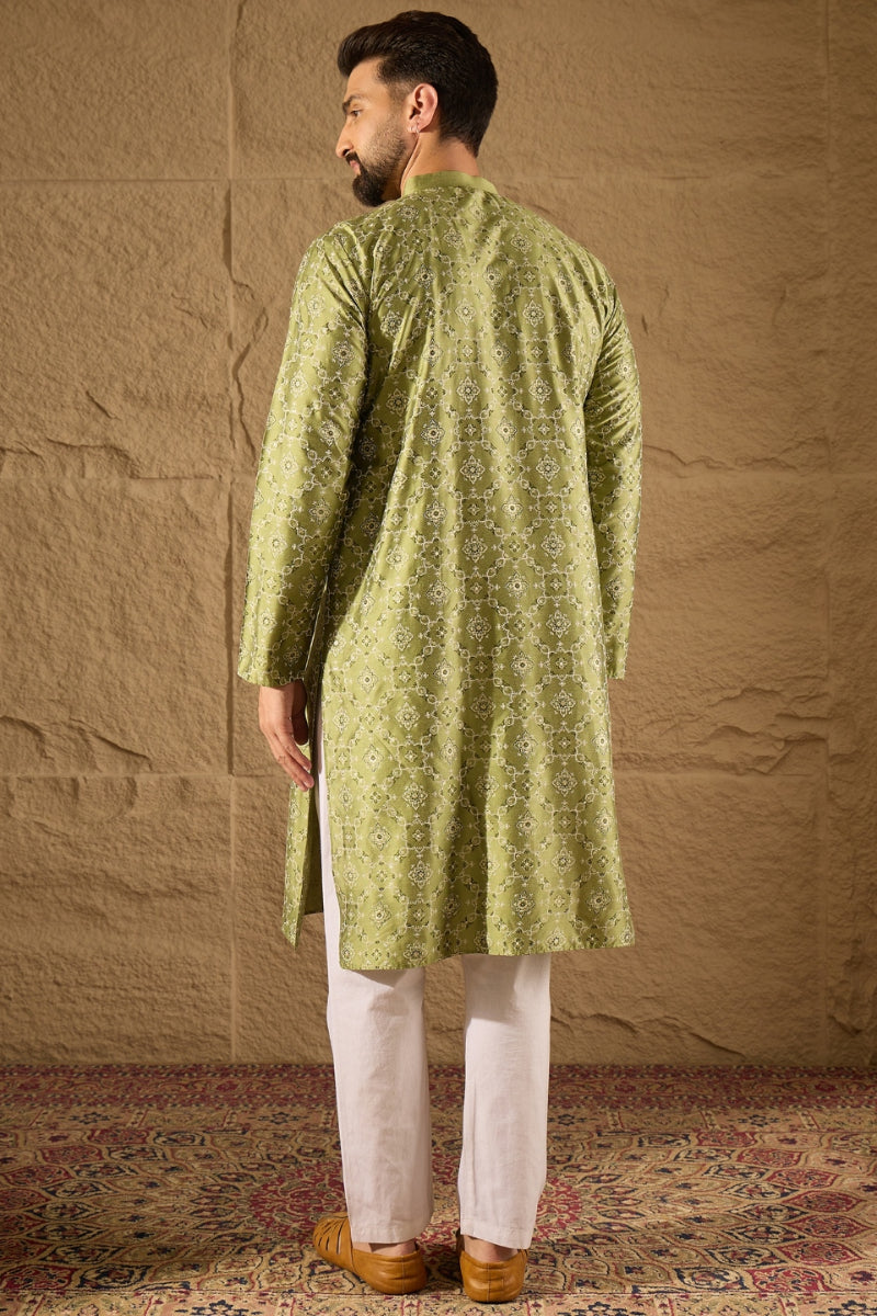 Green Silk Geometric Printed Straight Kurta MKU1285