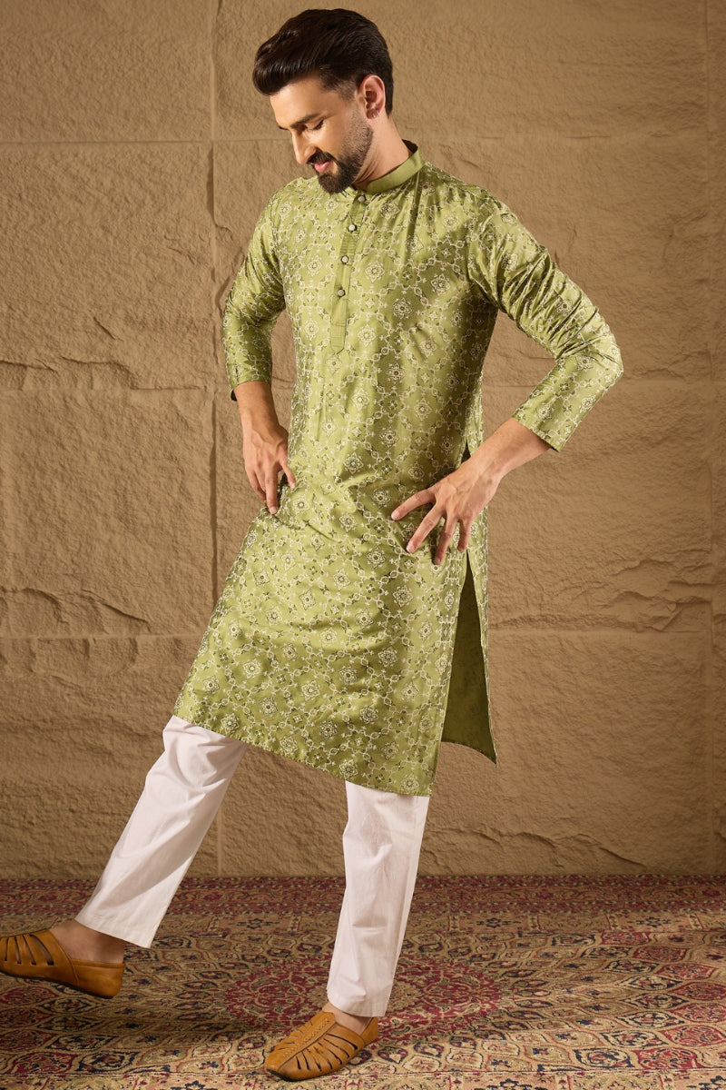 Green Silk Geometric Printed Straight Kurta MKU1285