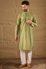 Green Silk Etnic Motifs Printed Straight Kurta MKU1285