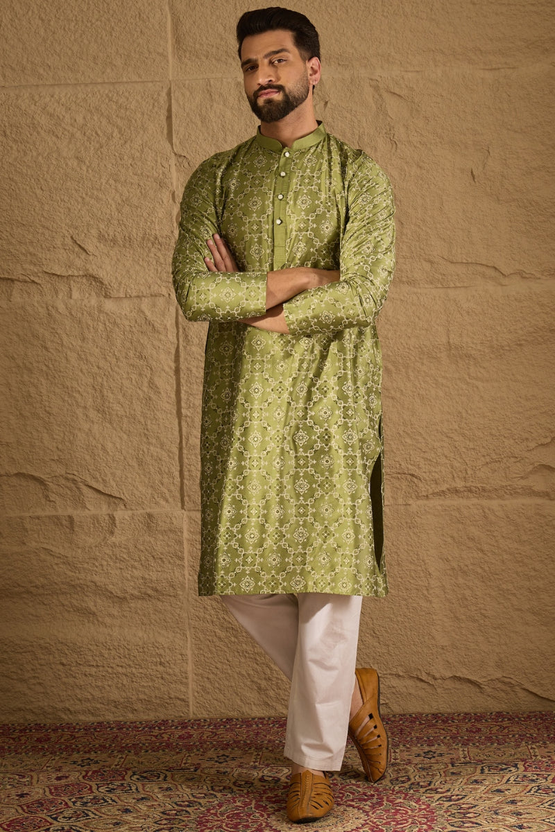 Green Silk Geometric Printed Straight Kurta MKU1285