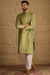 Green Silk Etnic Motifs Printed Straight Kurta MKU1285