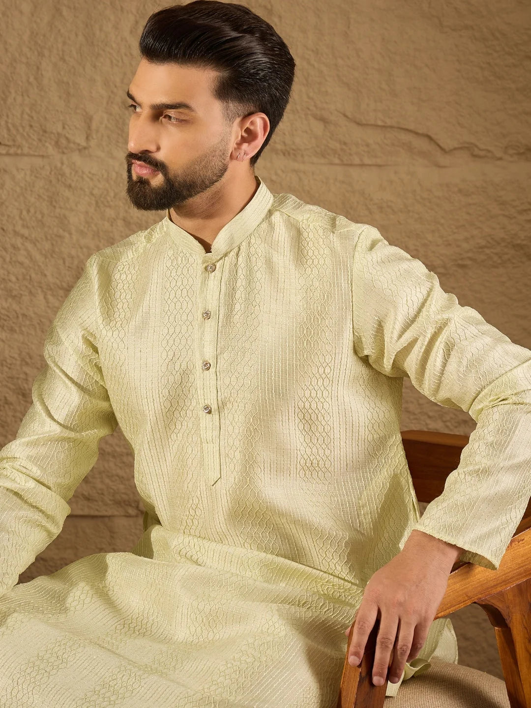 Ethnic Bay Men Green Silk Blend Embroidered Straight Kurta-MKU1287