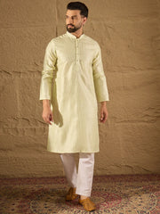 Ethnic Bay Men Green Silk Blend Embroidered Straight Kurta-MKU1287