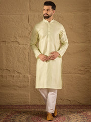 Ethnic Bay Men Green Silk Blend Embroidered Straight Kurta-MKU1287