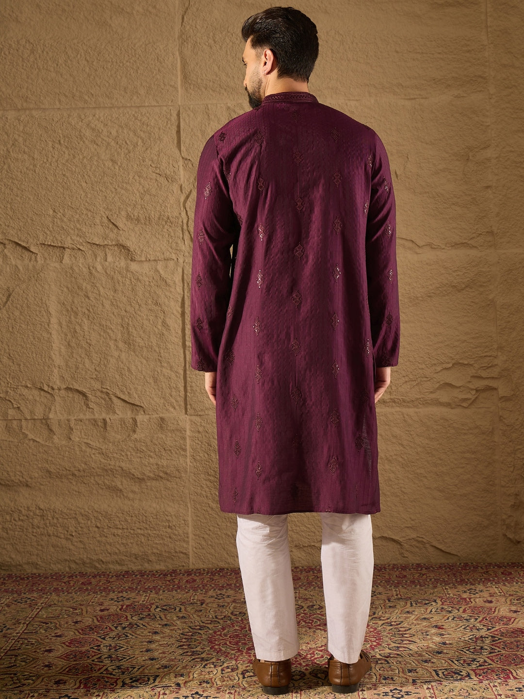 Ethnic Bay Men Purple Viscose Rayon Solid Embroidered Straight Kurta-MKU1291