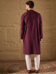 Ethnic Bay Men Purple Viscose Rayon Solid Embroidered Straight Kurta-MKU1291