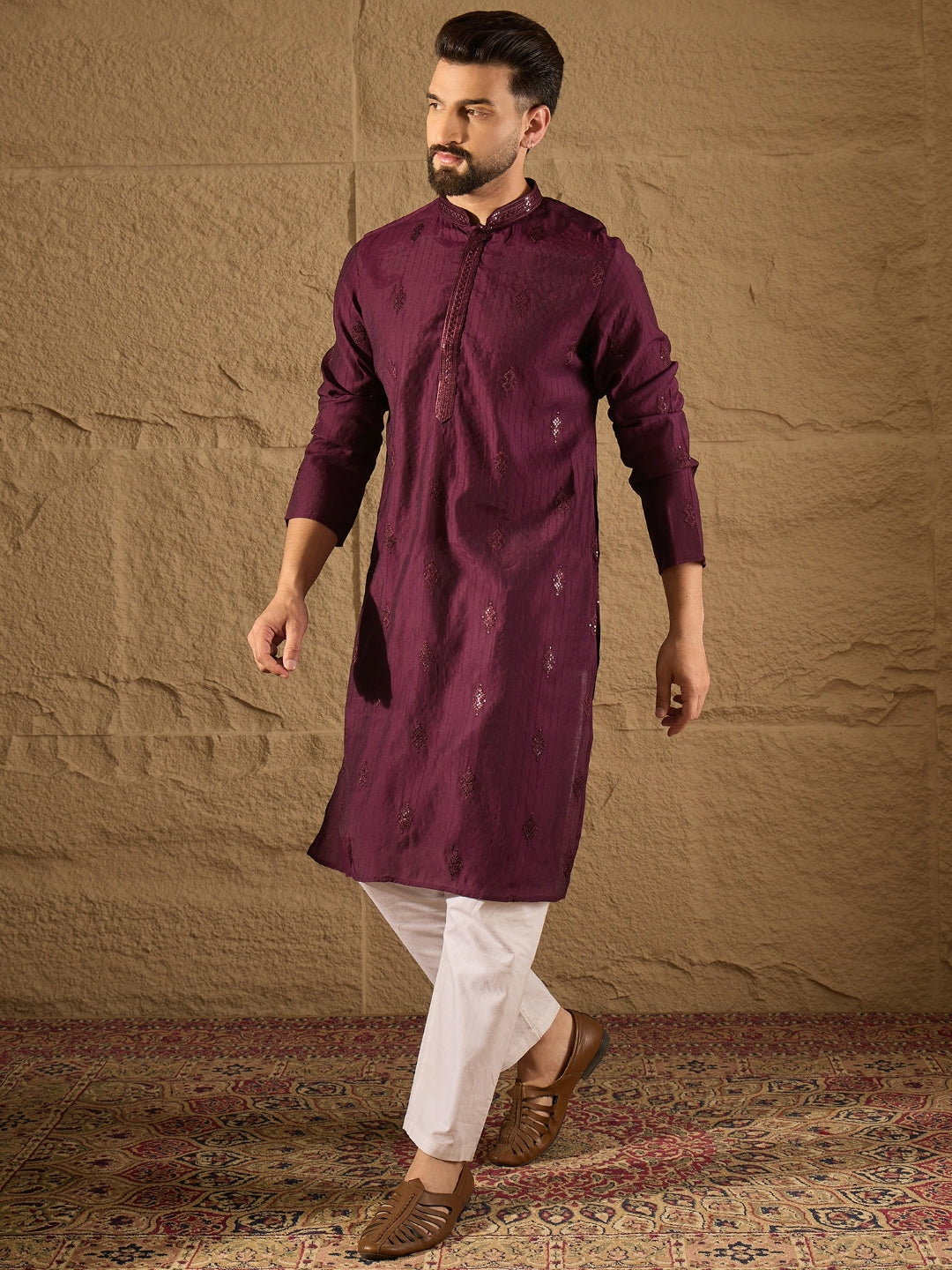 Ethnic Bay Men Purple Viscose Rayon Solid Embroidered Straight Kurta-MKU1291