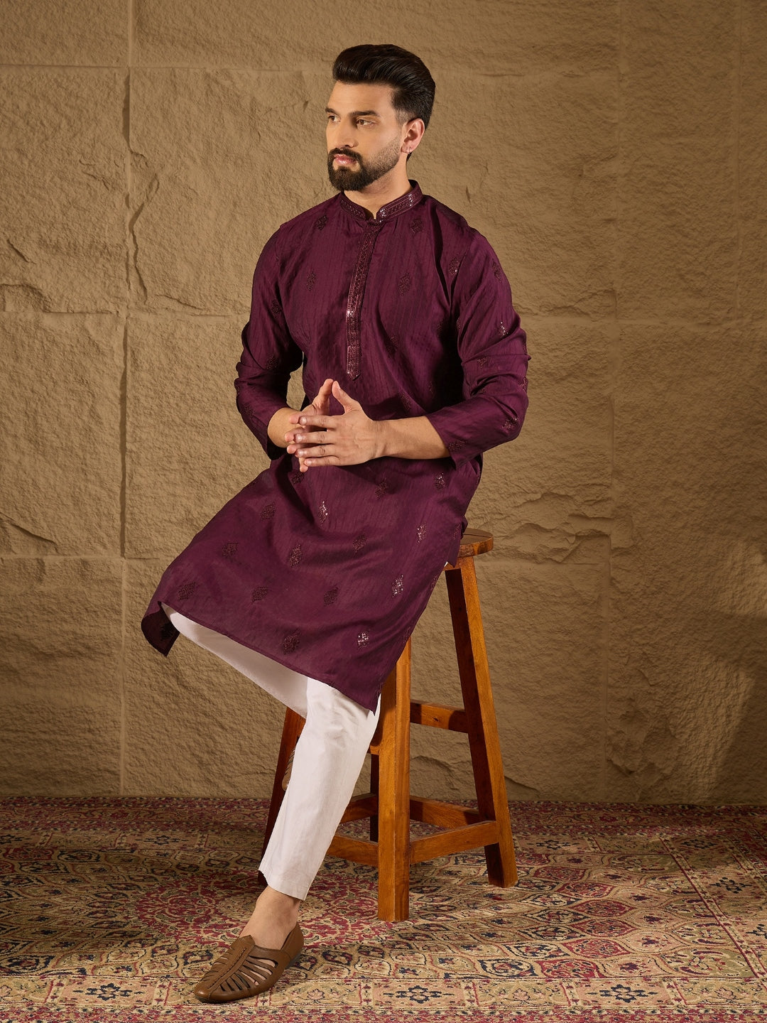 Ethnic Bay Men Purple Viscose Rayon Solid Embroidered Straight Kurta-MKU1291