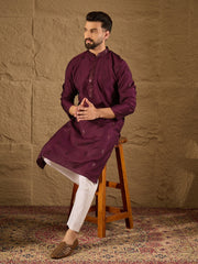 Ethnic Bay Men Purple Viscose Rayon Solid Embroidered Straight Kurta-MKU1291
