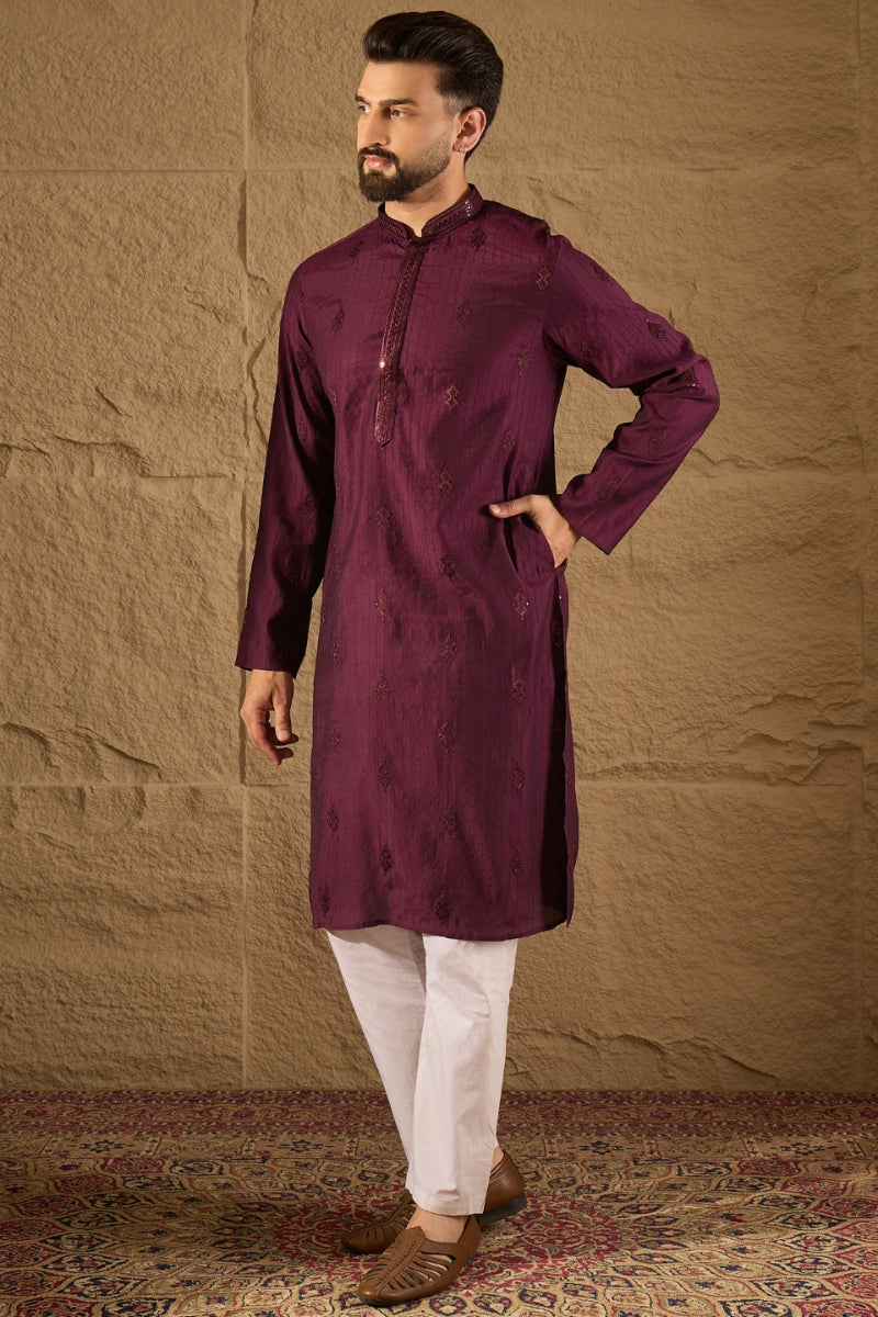 Purple Viscose Rayon Solid Embroidered Straight Kurta HOPMKU1291 | Des