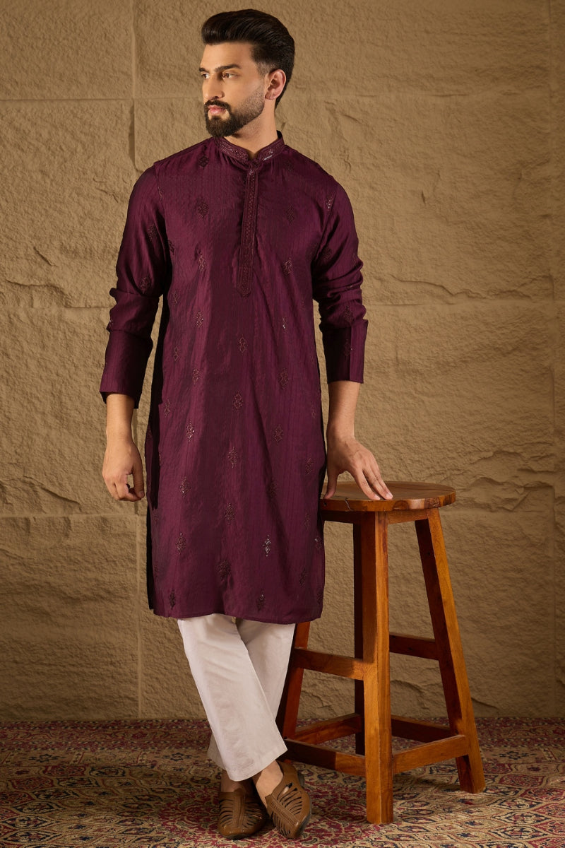 Purple Viscose Rayon Solid Embroidered Straight Kurta HOPMKU1291 | Des