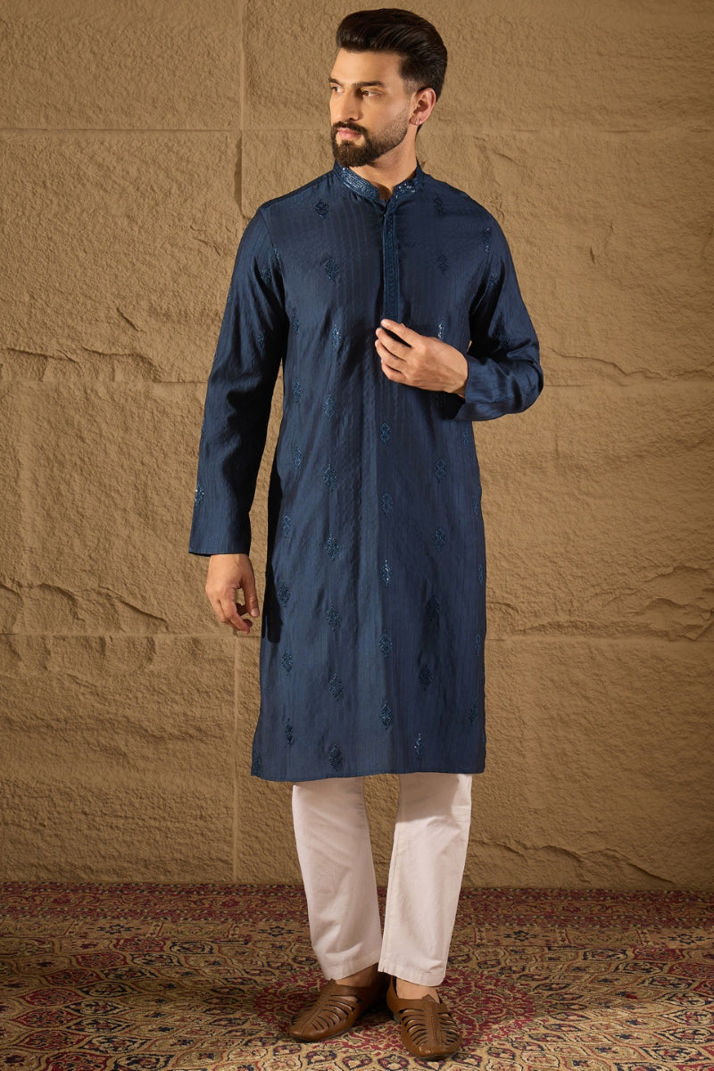 Blue Viscose Rayon Solid Embroidered Straight Kurta HOPMKU1293 | DesiQ