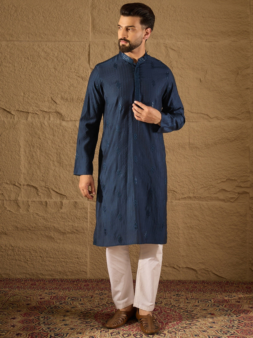 Ethnic Bay Men Blue Viscose Rayon Solid Embroidered Straight Kurta-MKU1293