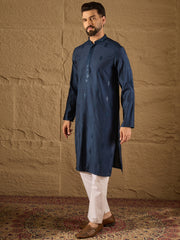Ethnic Bay Men Blue Viscose Rayon Solid Embroidered Straight Kurta-MKU1293