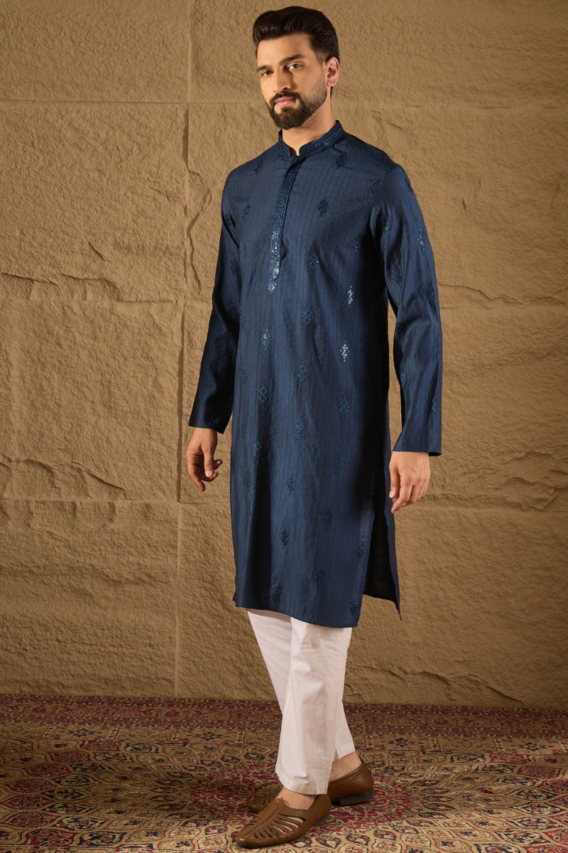 Blue Viscose Rayon Solid Embroidered Straight Kurta HOPMKU1293 | DesiQ