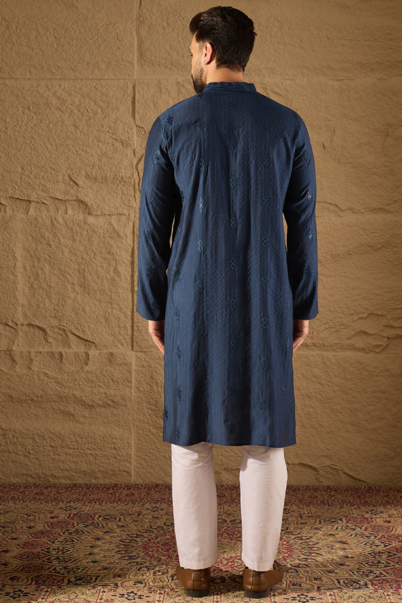 Blue Viscose Rayon Solid Embroidered Straight Kurta HOPMKU1293 | DesiQ