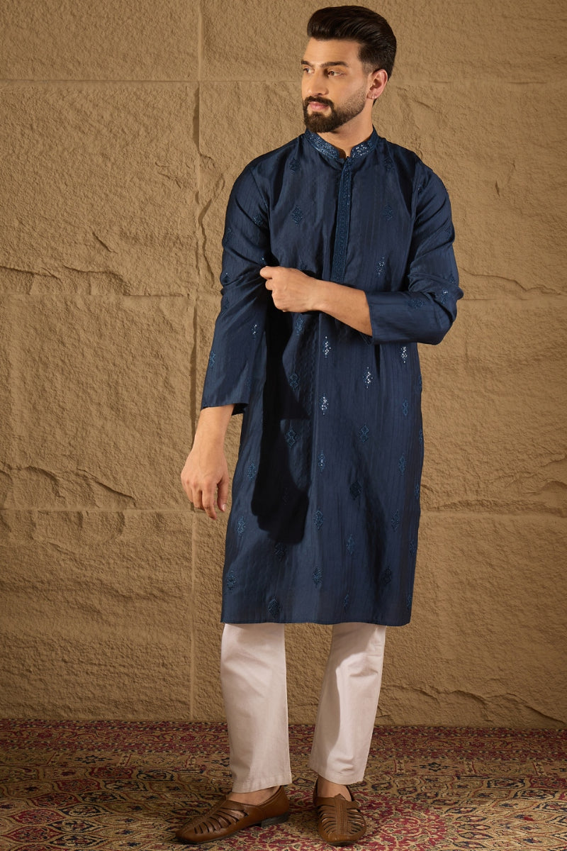 Blue Viscose Rayon Solid Embroidered Straight Kurta HOPMKU1293 | DesiQ