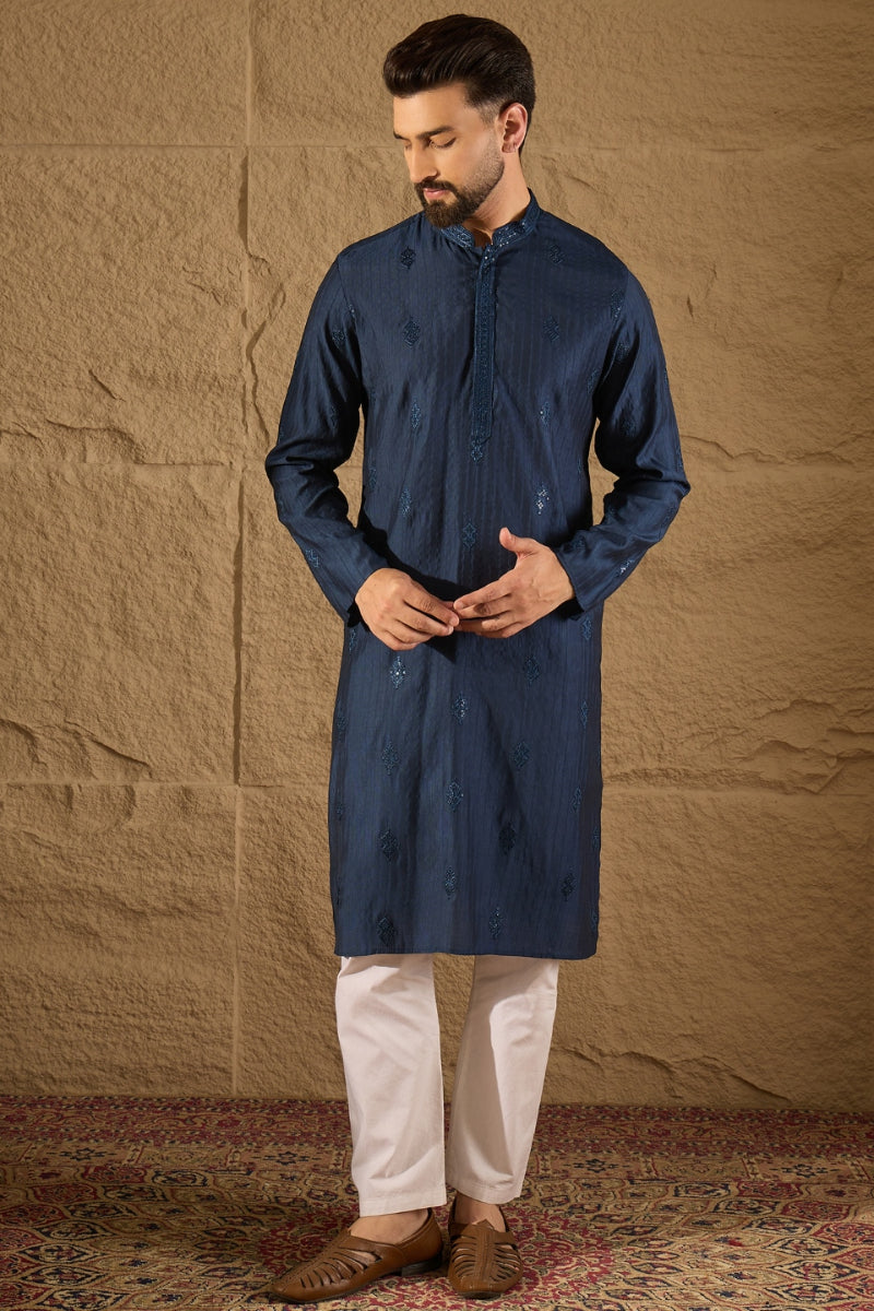 Blue Viscose Rayon Solid Embroidered Straight Kurta HOPMKU1293 | DesiQ
