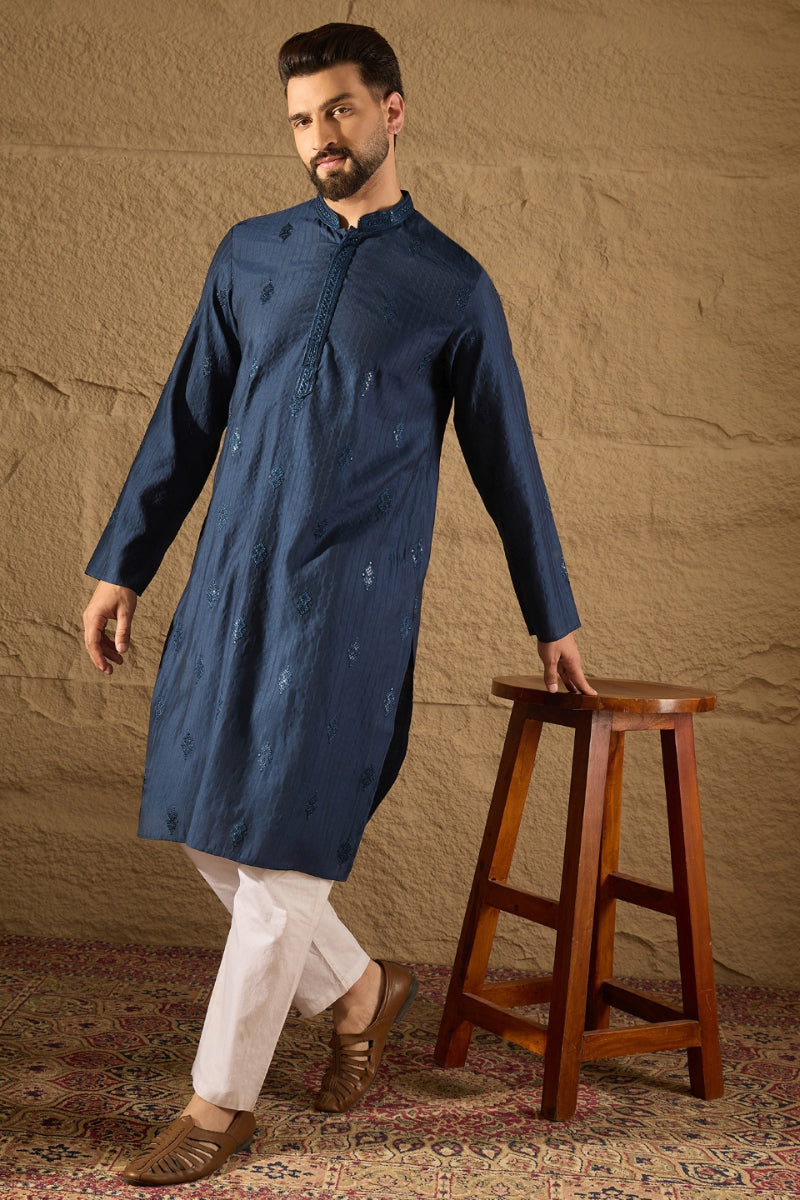 Blue Viscose Rayon Solid Embroidered Straight Kurta HOPMKU1293 | DesiQ