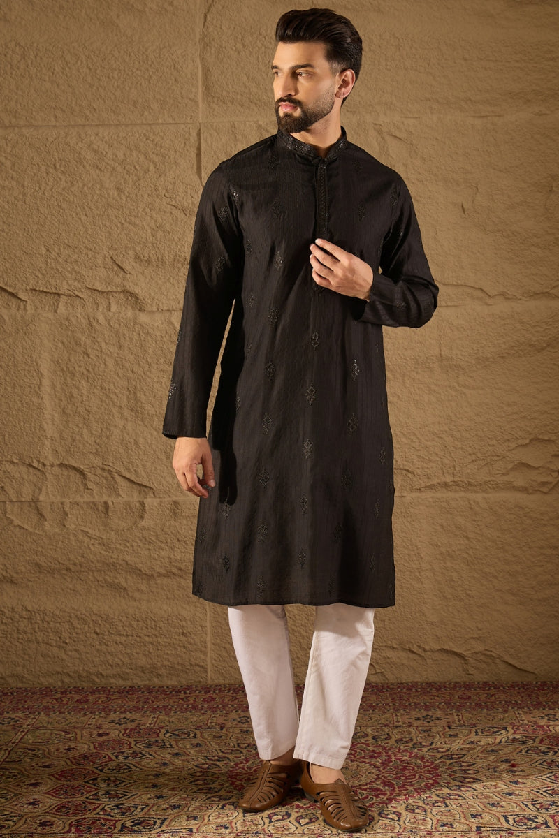 Black Viscose Rayon Solid Embroidered Straight Kurta HOPMKU1294 | Desi