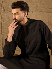 Ethnic Bay Men Black Viscose Rayon Solid Embroidered Straight Kurta-MKU1294
