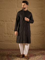Ethnic Bay Men Black Viscose Rayon Solid Embroidered Straight Kurta-MKU1294