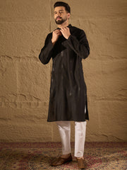 Ethnic Bay Men Black Viscose Rayon Solid Embroidered Straight Kurta-MKU1294