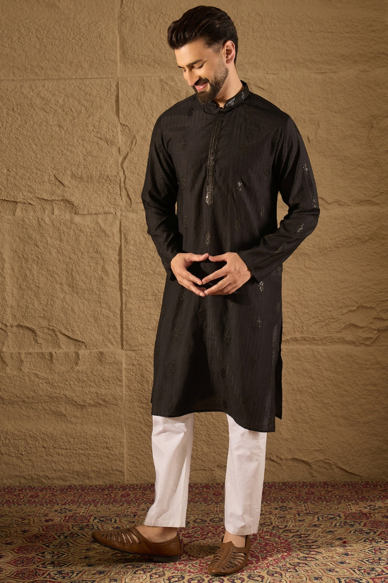 Black Viscose Rayon Solid Embroidered Straight Kurta HOPMKU1294 | Desi