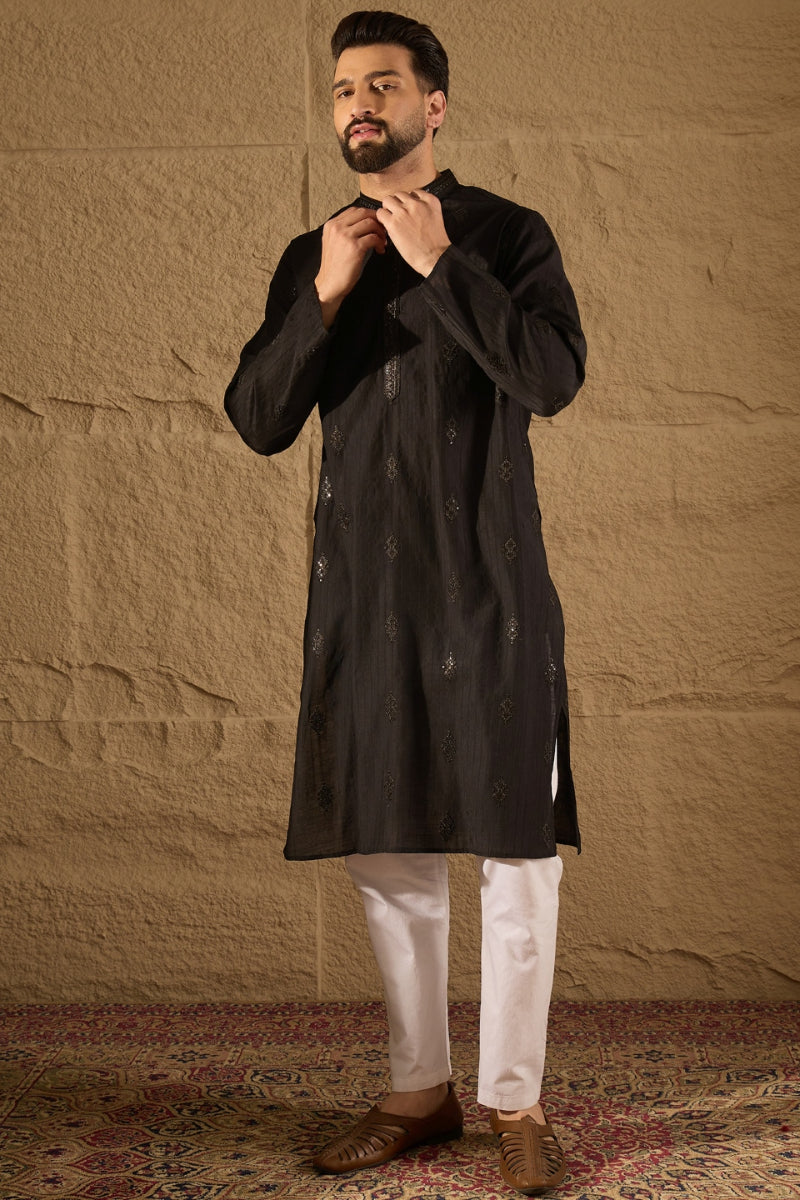 Black Viscose Rayon Solid Embroidered Straight Kurta HOPMKU1294 | Desi